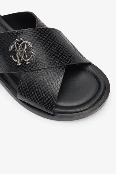 Roberto Cavalli Black Slide Sandals in Snake-Effect Leather | Thumbnail 5