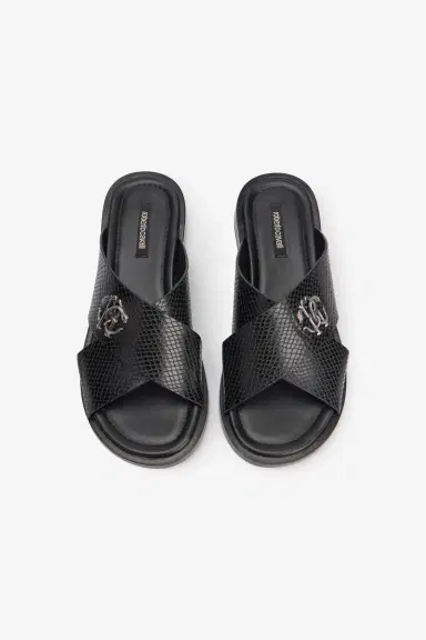Roberto Cavalli Black Slide Sandals in Snake-Effect Leather | Thumbnail 6