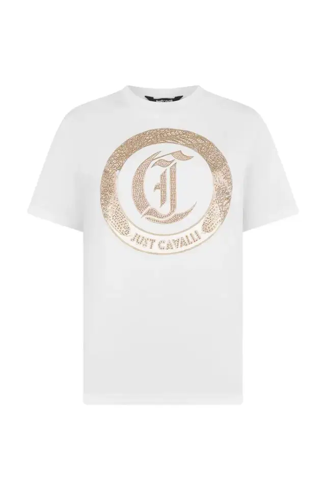 Roberto Cavalli White T-shirt with logo and studs
