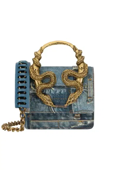 Roberto Cavalli Denim Patchwork Print Serpentine Bag | Thumbnail 1 Roberto Cavalli Denim Patchwork Print Serpentine Bag | Thumbnail 1