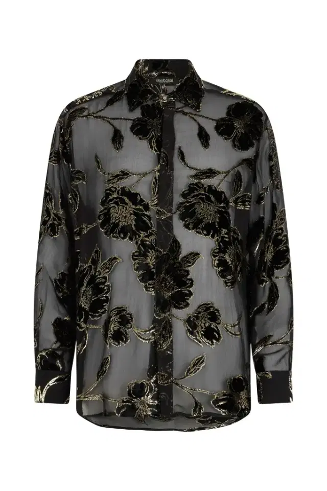 Roberto Cavalli Black and Gold See-Through Shirt with Floral Pattern