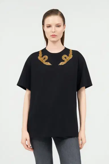 Roberto Cavalli Black T-Shirt with Snake Embroidery | Thumbnail 2 Roberto Cavalli Black T-Shirt with Snake Embroidery | Thumbnail 2
