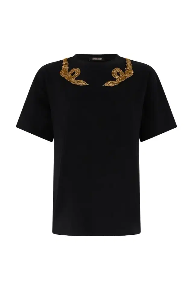 Roberto Cavalli Black T-Shirt with Snake Embroidery
