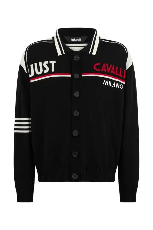 Roberto Cavalli Knit Cardigan with Polo Collar and Logo