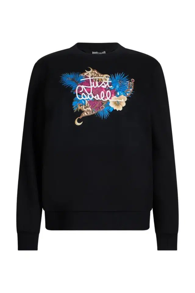 Roberto Cavalli Black Sweatshirt with Floral Logo Print