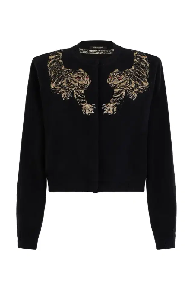 Roberto Cavalli Wool Cardigan with Tiger Embroidery