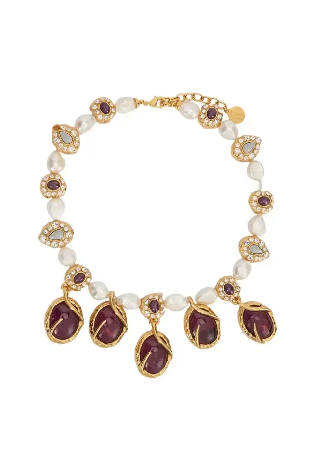 Roberto Cavalli Golden Necklace With Pearls And Amethyst-Effect Stones