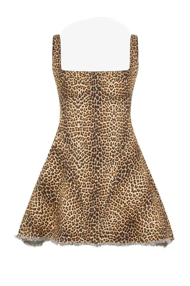 Flared Dress with Bbay Jaguar Print and Frayed Edges