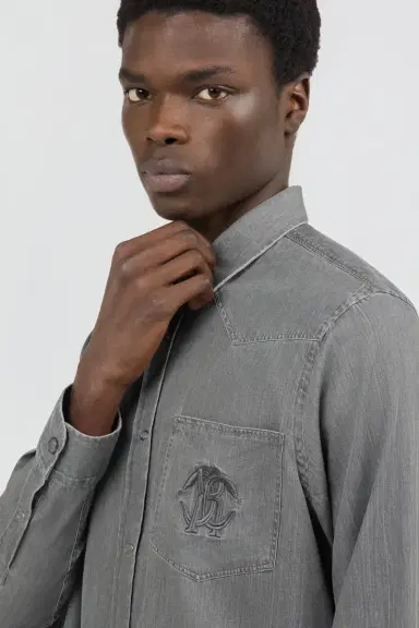 Roberto Cavalli Grey Cotton Shirt with Embroidered Logo | Thumbnail 4 Roberto Cavalli Grey Cotton Shirt with Embroidered Logo | Thumbnail 4