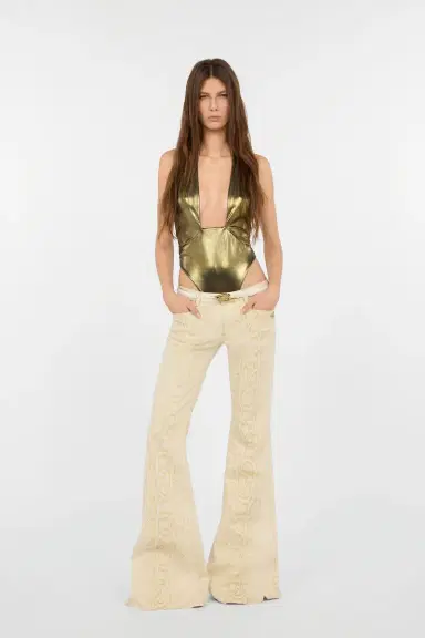 Roberto Cavalli White Flared Jeans with Gold Python Motif | Thumbnail 7