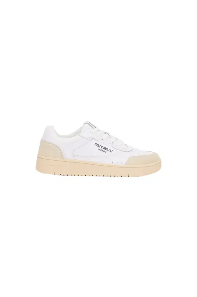 Roberto Cavalli White Leather Sneakers With Beige Inserts