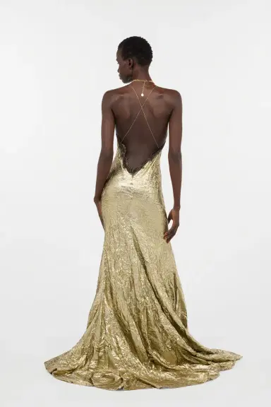 Roberto Cavalli Gold Maxi Dress in Craquelé Silk Blend | Thumbnail 3
