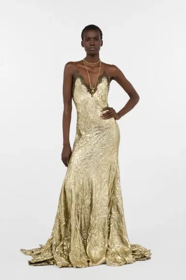 Roberto Cavalli Gold Maxi Dress in Craquelé Silk Blend | Thumbnail 7