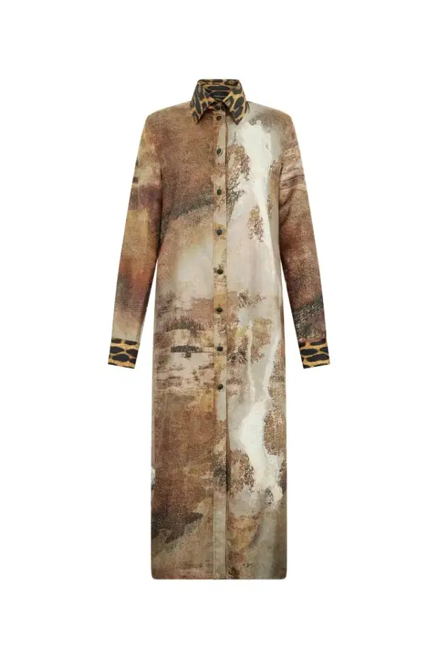 Roberto Cavalli Beige Silk Shirt Dress With Marble Print