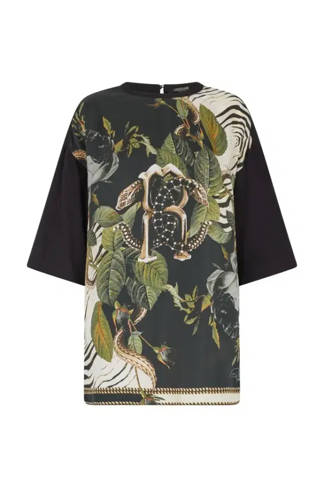 Roberto Cavalli T-Shirt With Mirror Snake Monogram And Jungle Print