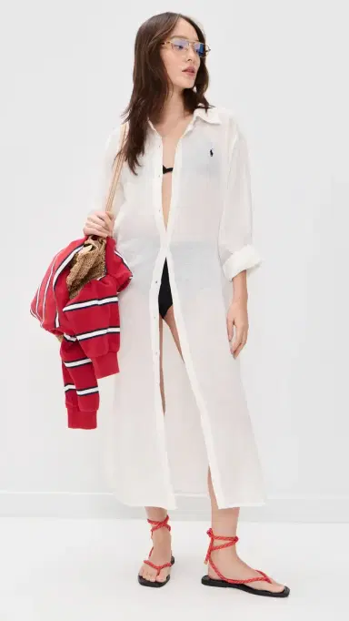 Polo Ralph Lauren Maxi Boyfriend Shirt Coverup Dress Cream | Thumbnail 2