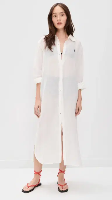 Polo Ralph Lauren Maxi Boyfriend Shirt Coverup Dress Cream | Thumbnail 3