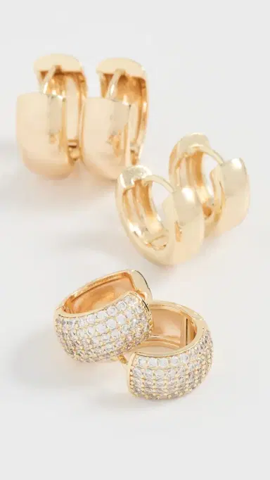 By Adina Eden Solid/Pave Wide Huggie Earrings Combo Set Gold One Size | Thumbnail 2