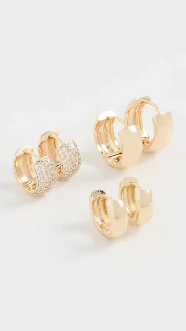 By Adina Eden Solid/Pave Wide Huggie Earrings Combo Set Gold One Size | Thumbnail 4