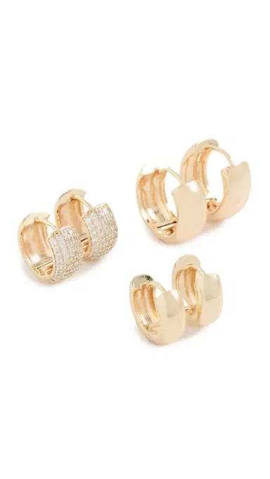 By Adina Eden Solid/Pave Wide Huggie Earrings Combo Set Gold One Size | Thumbnail 5