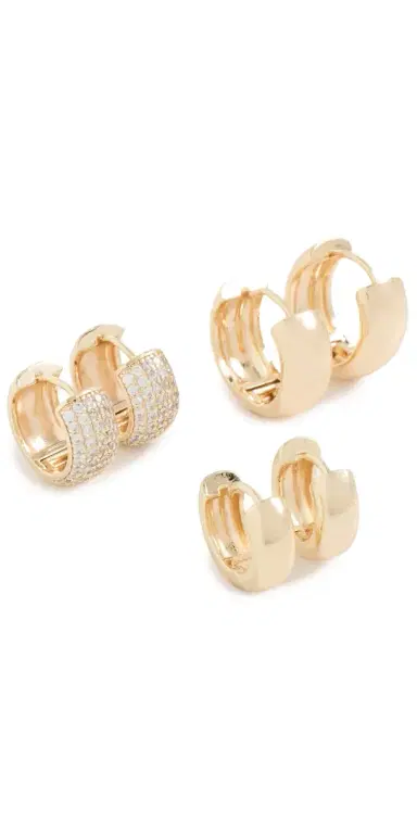 By Adina Eden Solid/Pave Wide Huggie Earrings Combo Set Gold One Size | Thumbnail 1