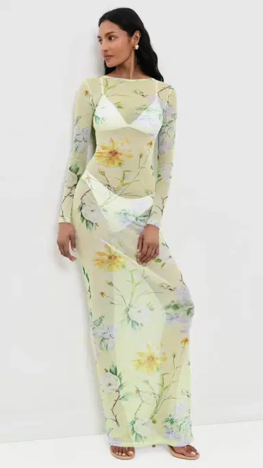 House of Aama Yellow Magnolia Mesh Dress Yellow Floral | Thumbnail 2