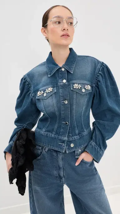 Simone Rocha Sculpted Draped Sleeve Denim Jacket Indigo/Pearl/Clear | Thumbnail 2 Simone Rocha Sculpted Draped Sleeve Denim Jacket Indigo/Pearl/Clear | Thumbnail 2