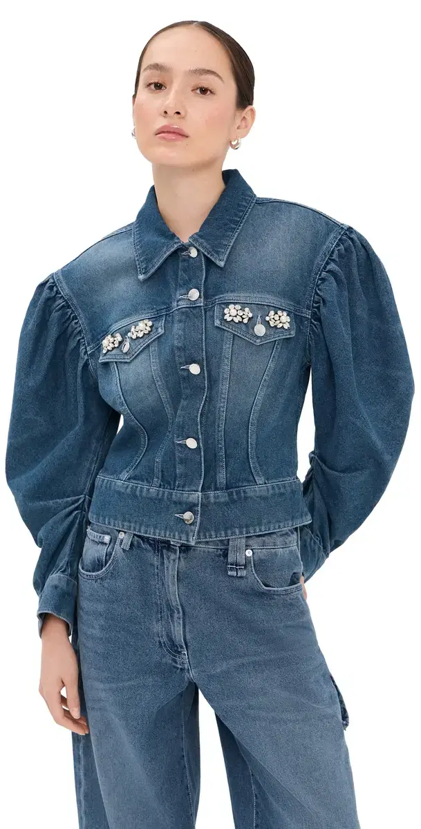 Sculpted Draped Sleeve Denim Jacket Indigo/Pearl/Clear