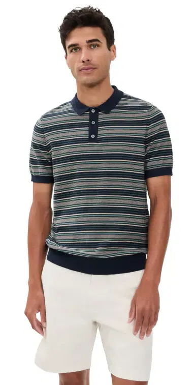Billy Reid Vintage Stripe Sweater Polo Carbon Blue/Green | Thumbnail 1 Billy Reid Vintage Stripe Sweater Polo Carbon Blue/Green | Thumbnail 1