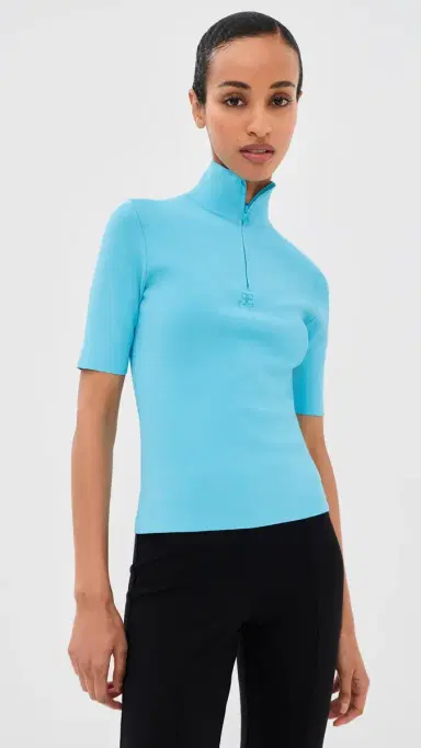 Courrèges Zipped Mock Neck Knit Top Aqua M | Thumbnail 2