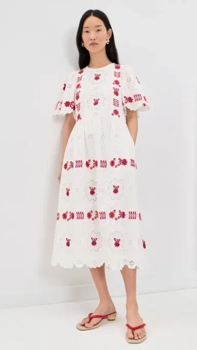 Sea Catharina Embroidered Short Sleeve Midi Dress Cream S | Thumbnail 2 Sea Catharina Embroidered Short Sleeve Midi Dress Cream S | Thumbnail 2