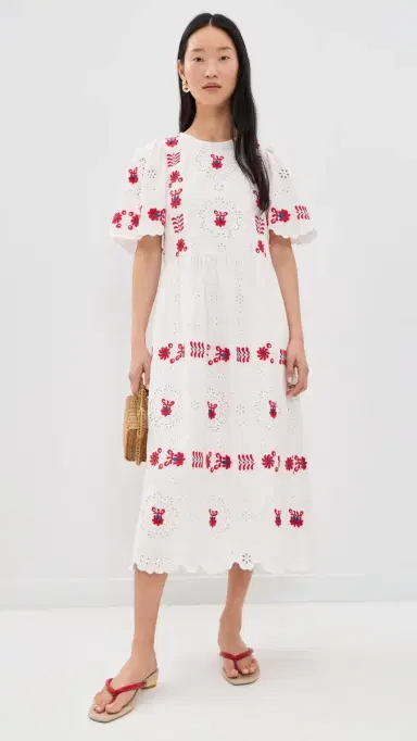 Sea Catharina Embroidered Short Sleeve Midi Dress Cream S | Thumbnail 5 Sea Catharina Embroidered Short Sleeve Midi Dress Cream S | Thumbnail 5
