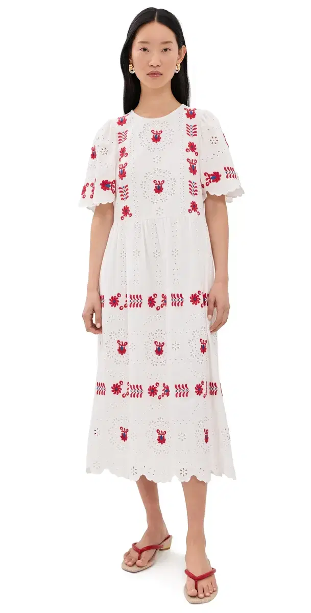 Sea Catharina Embroidered hort leeve Midi Dress Cream