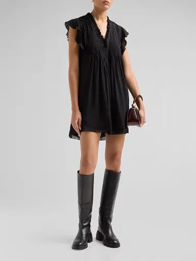 Poupette St Barth Women's Sasha Ruffled Pleated Minidress - Black Plain | Thumbnail 4