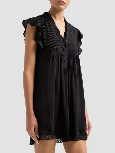 Poupette St Barth Women's Sasha Ruffled Pleated Minidress - Black Plain | Thumbnail 5