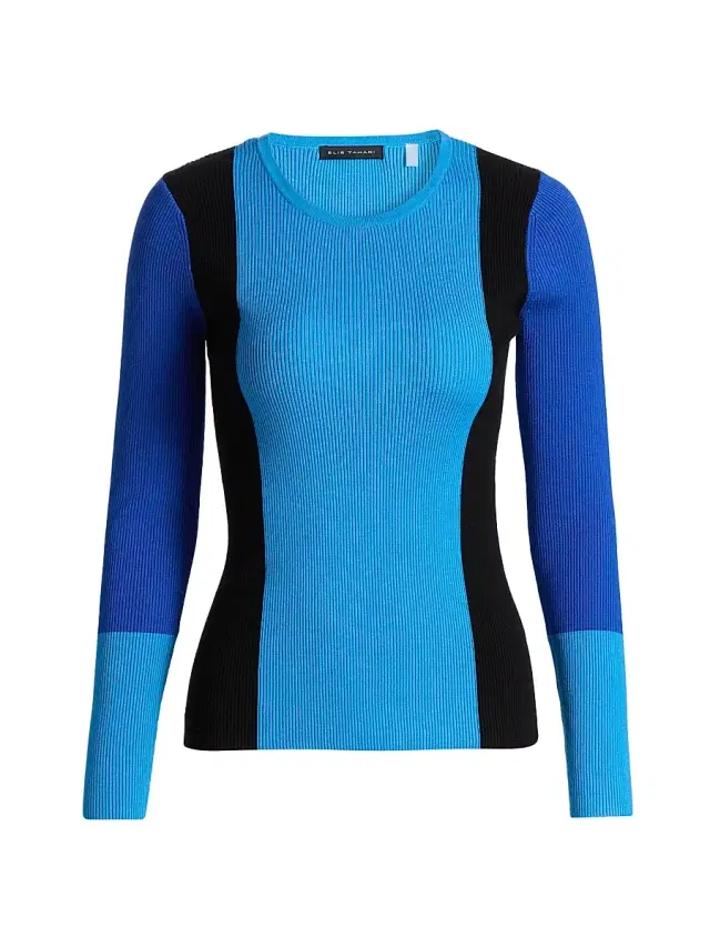 Elie Tahari Women's The Delia Rib-Knit Colorblocked Top - Cosmic Blue Colorblock