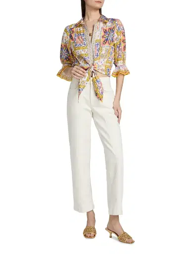 Ramy Brook Women's Zola Printed Cotton Crop Top - White Piazza - Size Large | Thumbnail 2