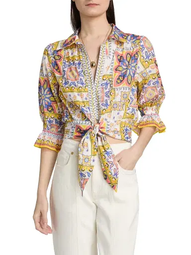 Ramy Brook Women's Zola Printed Cotton Crop Top - White Piazza - Size Large | Thumbnail 3
