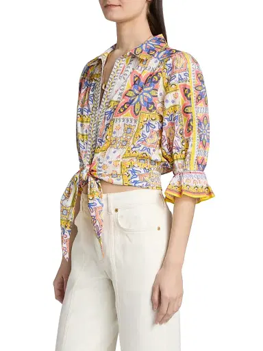 Ramy Brook Women's Zola Printed Cotton Crop Top - White Piazza - Size Large | Thumbnail 4