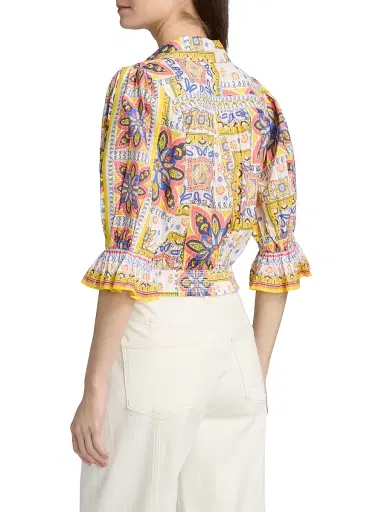Ramy Brook Women's Zola Printed Cotton Crop Top - White Piazza - Size Large | Thumbnail 5