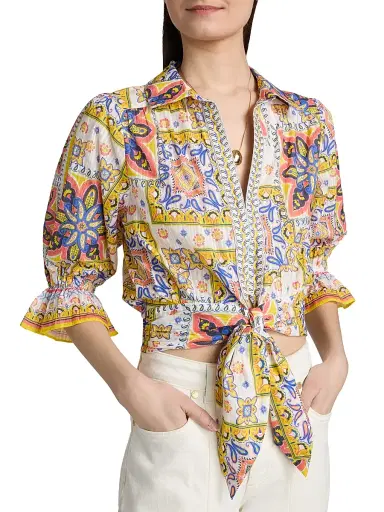 Ramy Brook Women's Zola Printed Cotton Crop Top - White Piazza - Size Large | Thumbnail 6