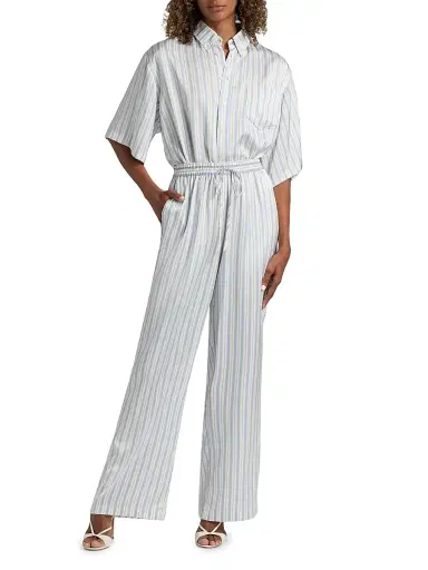 Derek Lam 10 Crosby Women's Ember Striped Satin Twill Crop Shirt - Lisbon Blue Stripe | Thumbnail 2 Derek Lam 10 Crosby Women's Ember Striped Satin Twill Crop Shirt - Lisbon Blue Stripe | Thumbnail 2