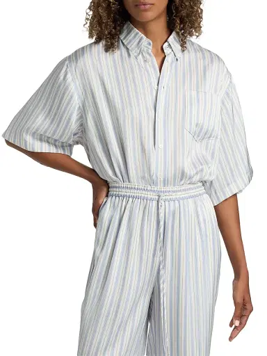 Derek Lam 10 Crosby Women's Ember Striped Satin Twill Crop Shirt - Lisbon Blue Stripe | Thumbnail 3 Derek Lam 10 Crosby Women's Ember Striped Satin Twill Crop Shirt - Lisbon Blue Stripe | Thumbnail 3