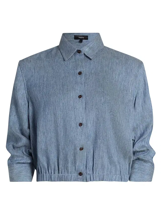 Theory Women's Linen-Blend Boxy Crop Shirt - Light Denim
