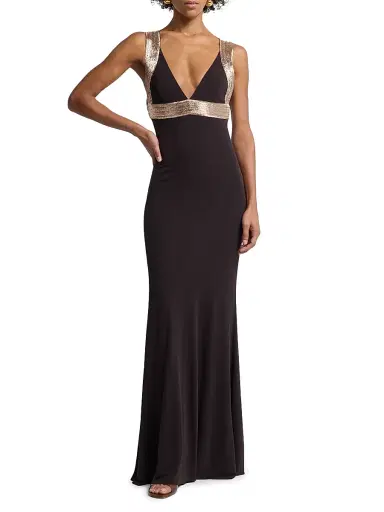Alberta Ferretti Women's Sequin-Embellished Jersey Empire-Waist Gown - Black | Thumbnail 2