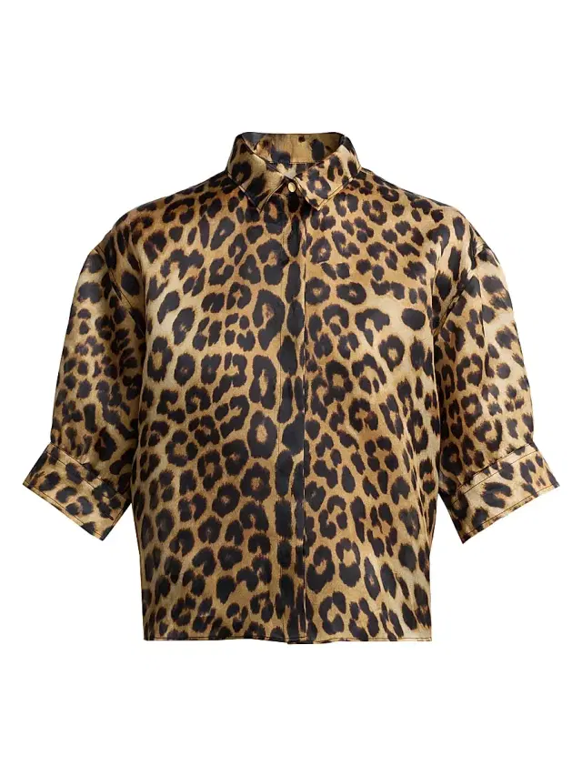 Women's Leopard-Print Silk Short-Sleeve Blouse