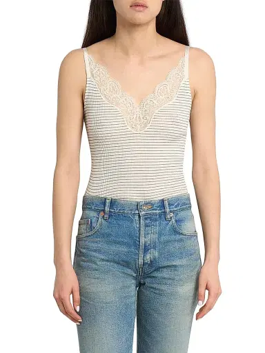 Saint Laurent Women's Laced Tank Top in Ribbed Wool and Silk - Ecru Navy - Size Large | Thumbnail 3 Saint Laurent Women's Laced Tank Top in Ribbed Wool and Silk - Ecru Navy - Size Large | Thumbnail 3