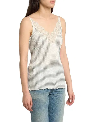 Saint Laurent Women's Laced Tank Top in Ribbed Wool and Silk - Ecru Navy - Size Large | Thumbnail 4 Saint Laurent Women's Laced Tank Top in Ribbed Wool and Silk - Ecru Navy - Size Large | Thumbnail 4