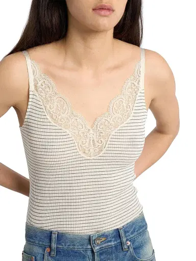 Saint Laurent Women's Laced Tank Top in Ribbed Wool and Silk - Ecru Navy - Size Large | Thumbnail 6 Saint Laurent Women's Laced Tank Top in Ribbed Wool and Silk - Ecru Navy - Size Large | Thumbnail 6