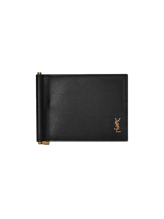 Saint Laurent Men's Tiny Cassandre Bill Clip Wallet in Shiny Leather - Black